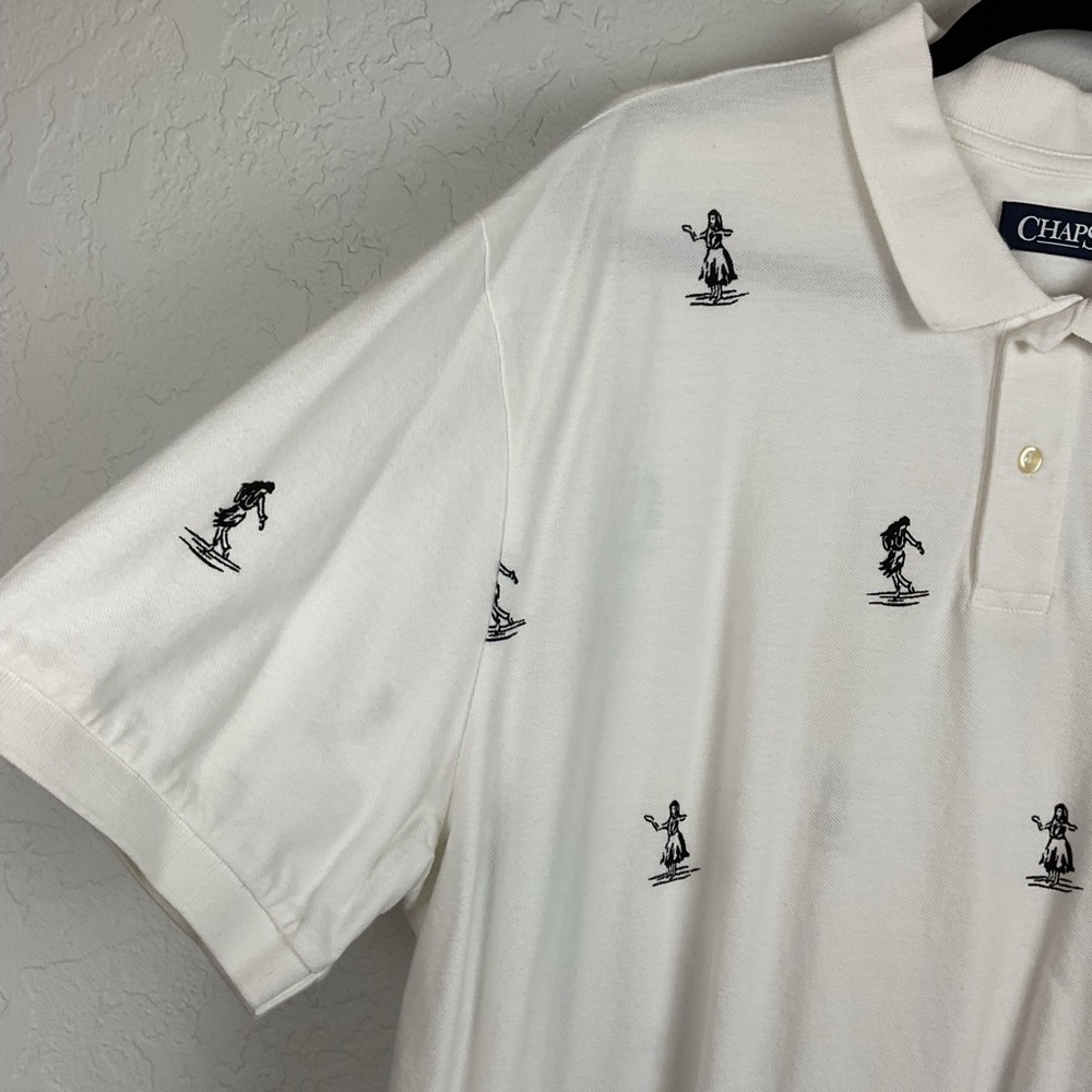 Men’s White Cotton Polo Navy Blue Hula Girl Pattern Short Sleeve Shirt Sz XXL